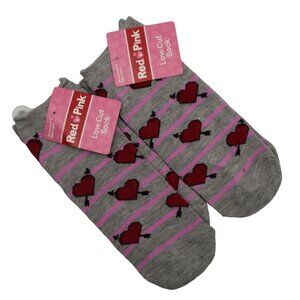 2 Pair of Low Cut Socks Womens Red Hearts Pink Stripes on Gray Lot